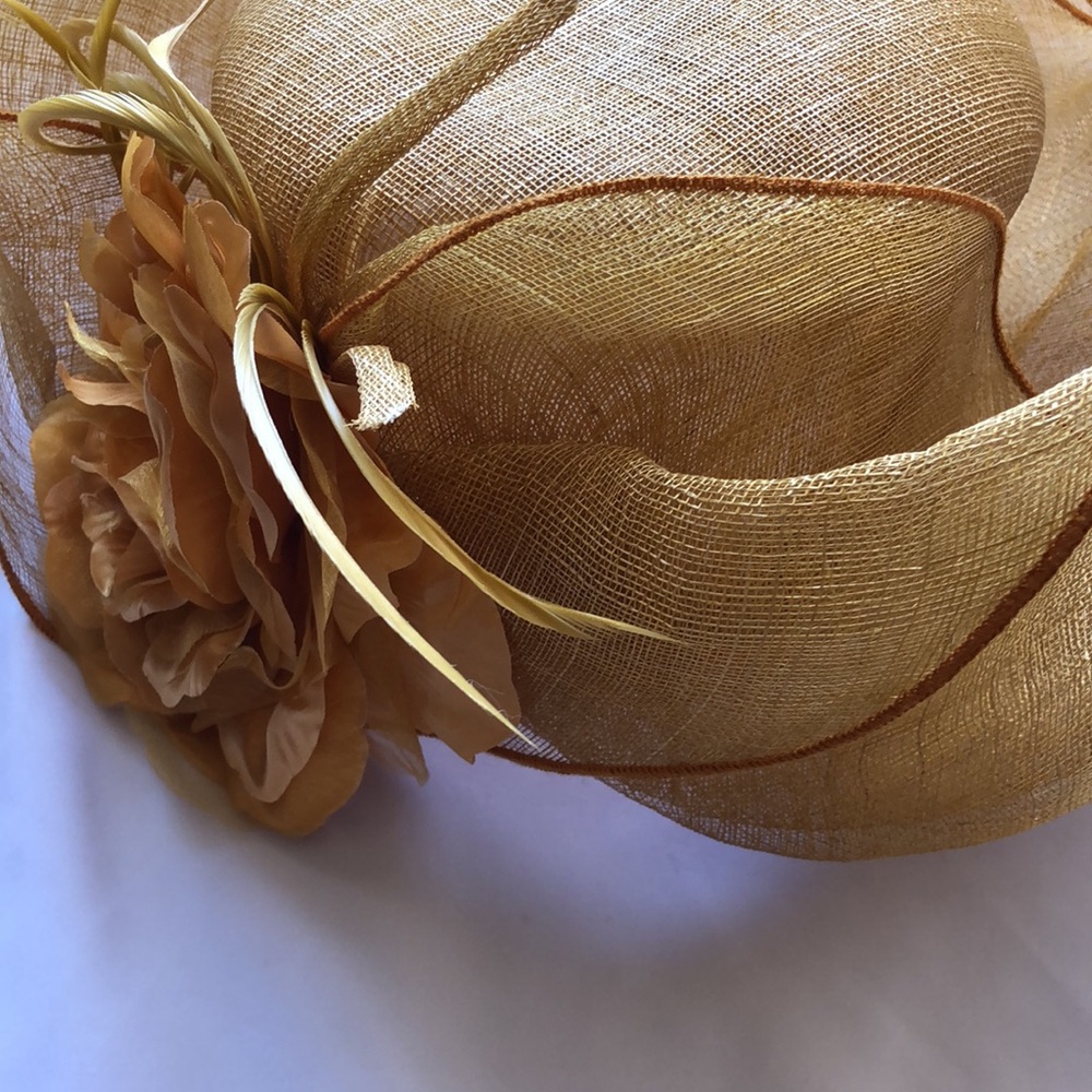 Something Special Sinamay gold Straw Wide Brimmed Fancy Summer Hat Large flower - Picture 10 of 12